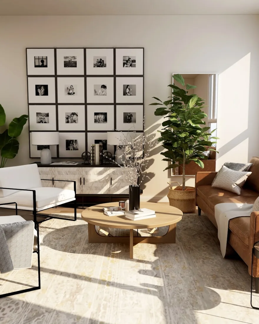 A bright, lived-in living room with morning light pouring through tall windows